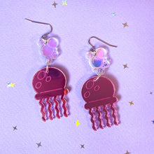 Load image into Gallery viewer, Mirrored acrylic earrings inspired by the jellyfish in Bikini Bottom.
