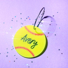 Load image into Gallery viewer, Neon Yellow Softball Bag Tag with the name Avery
