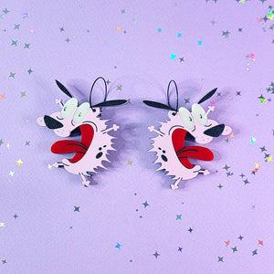 Acrylic earrings inspired by the character "Courage", these earrings are make a comical scared expression.